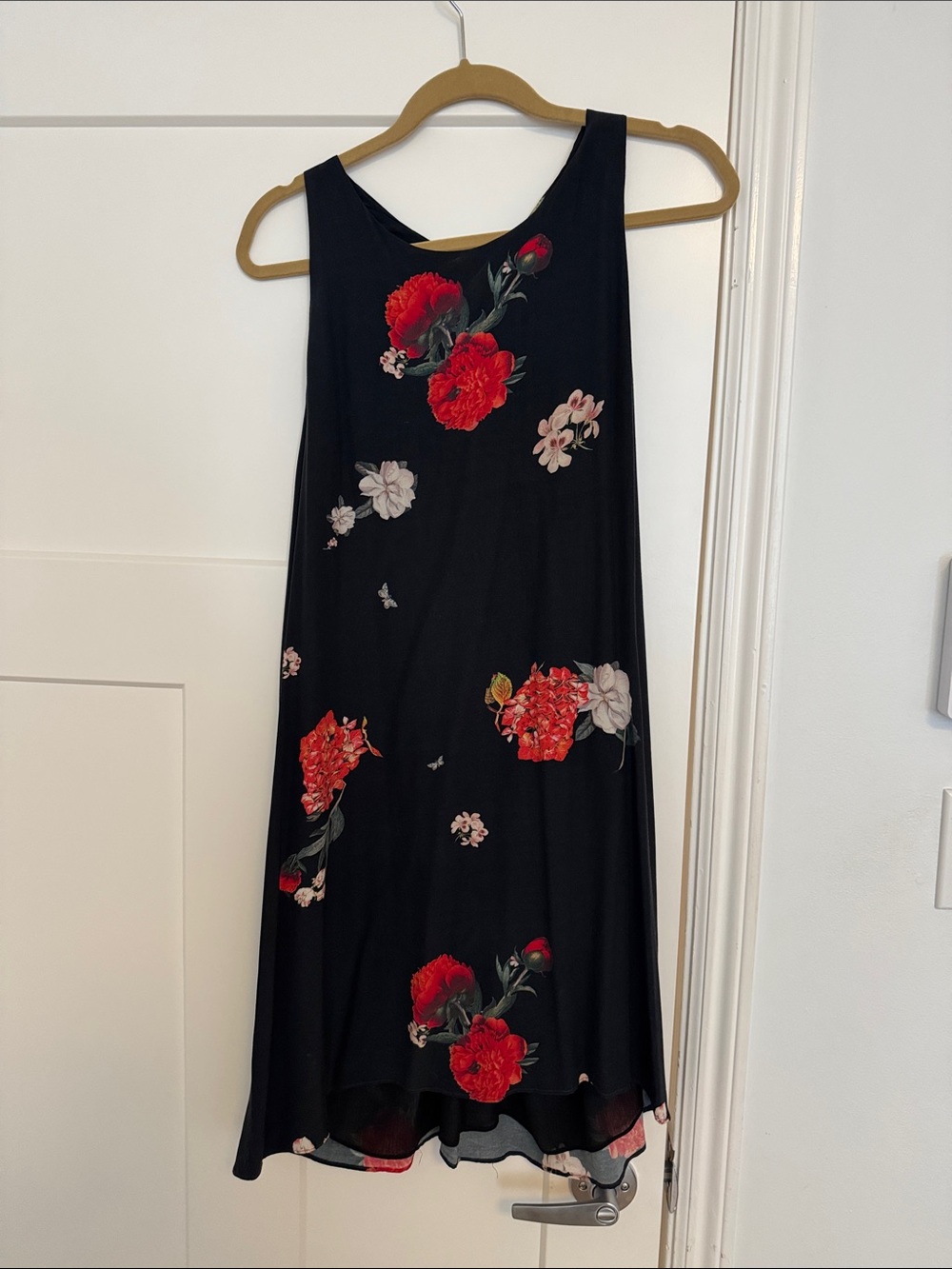 Alice + Olivia Black Mini Dress with Red Floral Print and Keyhole Back